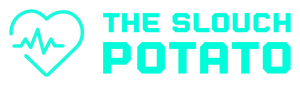 The Slouch Potato logo. Turquoise writing on transparent background. Heart icon with heart monitor beeps through the centre.